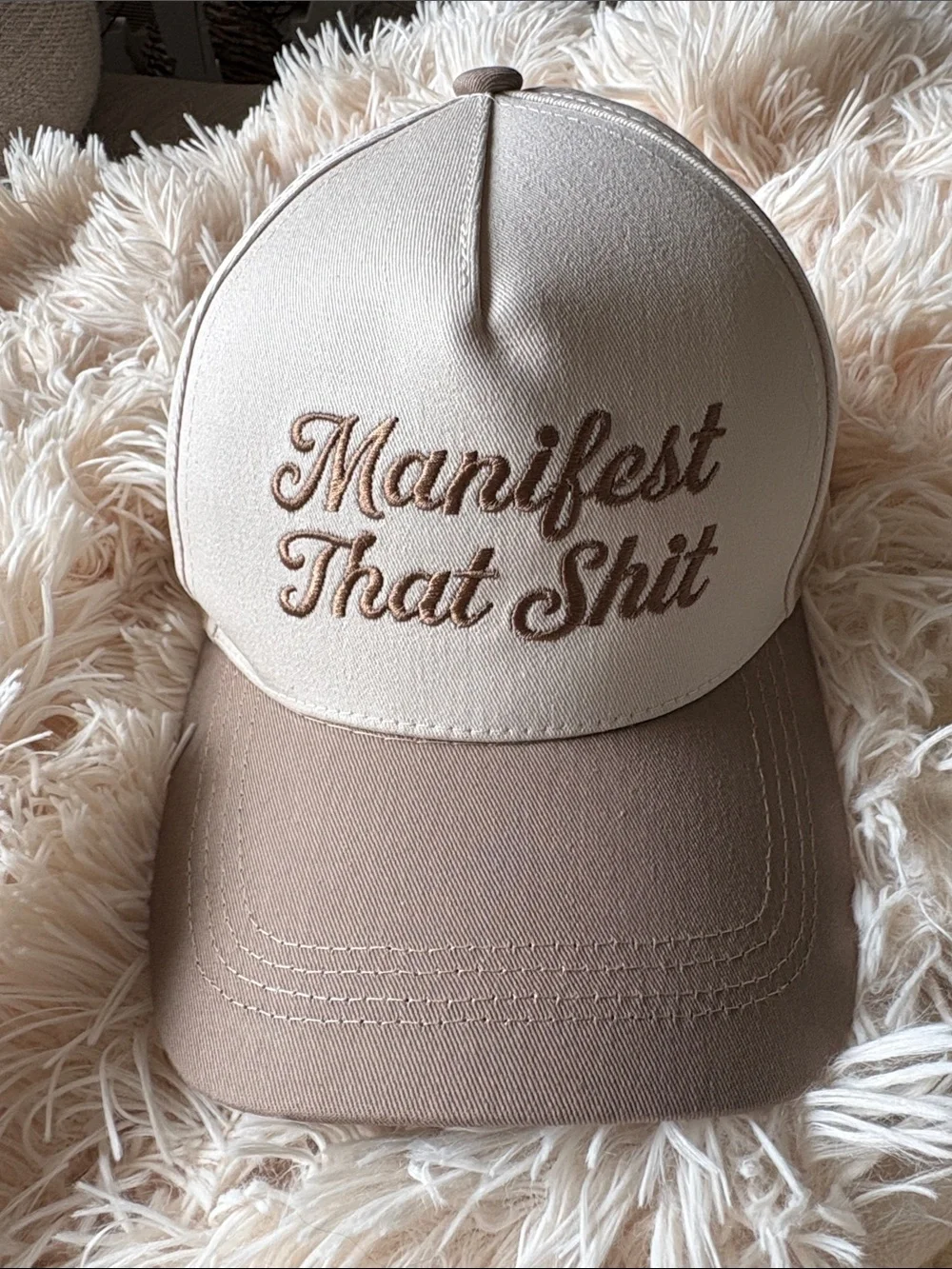 Manifest That Shit Embroidered Trucker Hat - Beige/Tan
